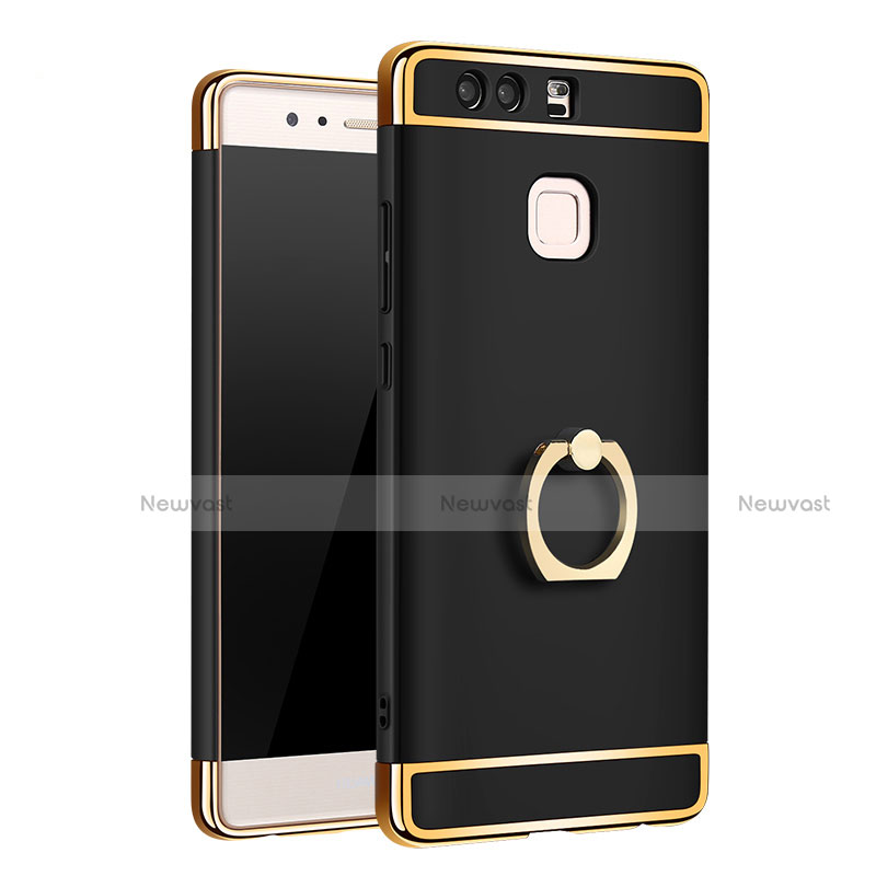 Luxury Metal Frame and Plastic Back Cover with Finger Ring Stand A01 for Huawei P9 Plus Black