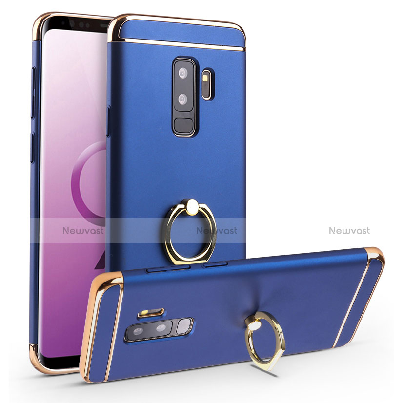 Luxury Metal Frame and Plastic Back Cover with Finger Ring Stand A01 for Samsung Galaxy S9 Plus Blue