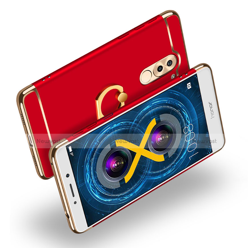 Luxury Metal Frame and Plastic Back Cover with Finger Ring Stand A02 for Huawei Honor 6X Pro Red