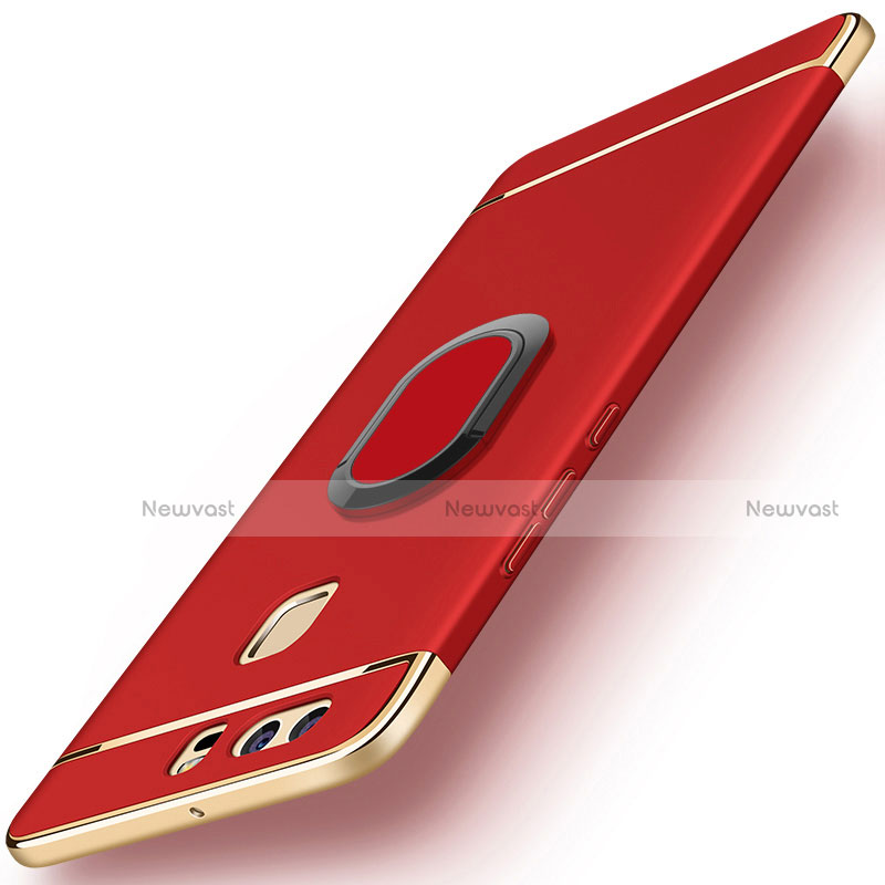 Luxury Metal Frame and Plastic Back Cover with Finger Ring Stand A02 for Huawei P9 Red