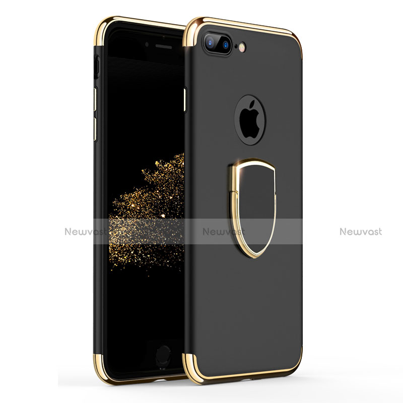 Luxury Metal Frame and Plastic Back Cover with Finger Ring Stand A03 for Apple iPhone 8 Plus Black