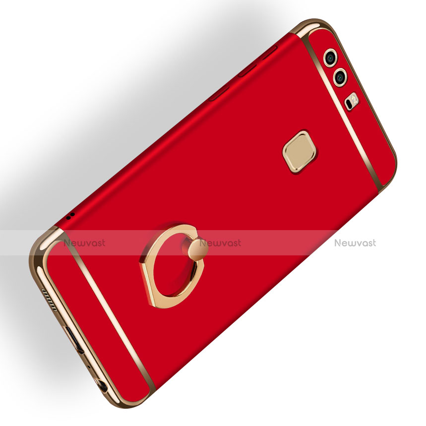 Luxury Metal Frame and Plastic Back Cover with Finger Ring Stand A03 for Huawei P9 Plus Red