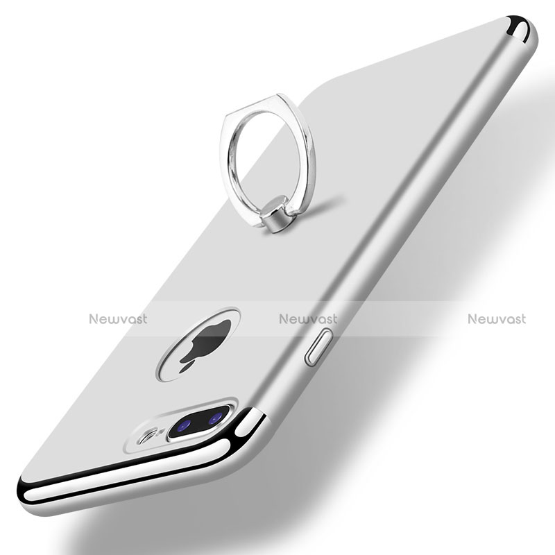 Luxury Metal Frame and Plastic Back Cover with Finger Ring Stand A07 for Apple iPhone 8 Plus Silver