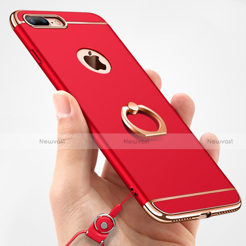 Luxury Metal Frame and Plastic Back Cover with Finger Ring Stand and Lanyard A01 for Apple iPhone 8 Plus Red