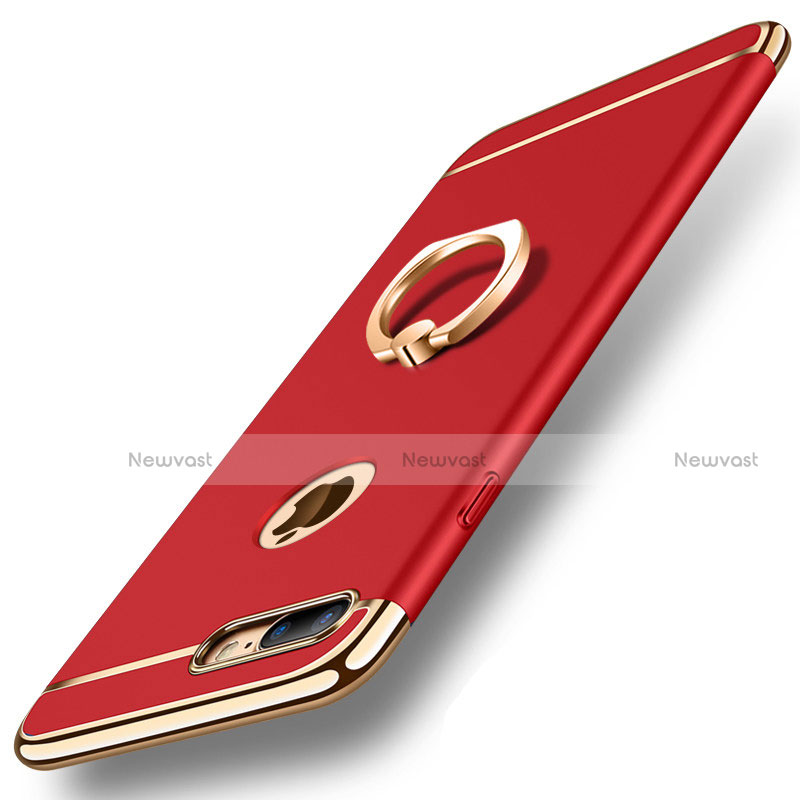 Luxury Metal Frame and Plastic Back Cover with Finger Ring Stand and Lanyard A01 for Apple iPhone 8 Plus Red