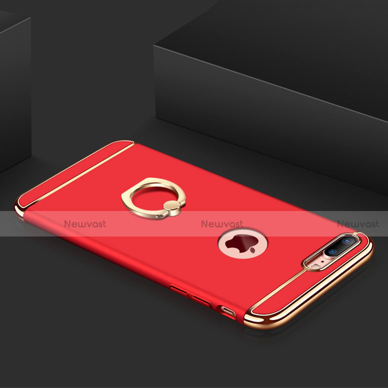 Luxury Metal Frame and Plastic Back Cover with Finger Ring Stand and Lanyard A01 for Apple iPhone 8 Plus Red