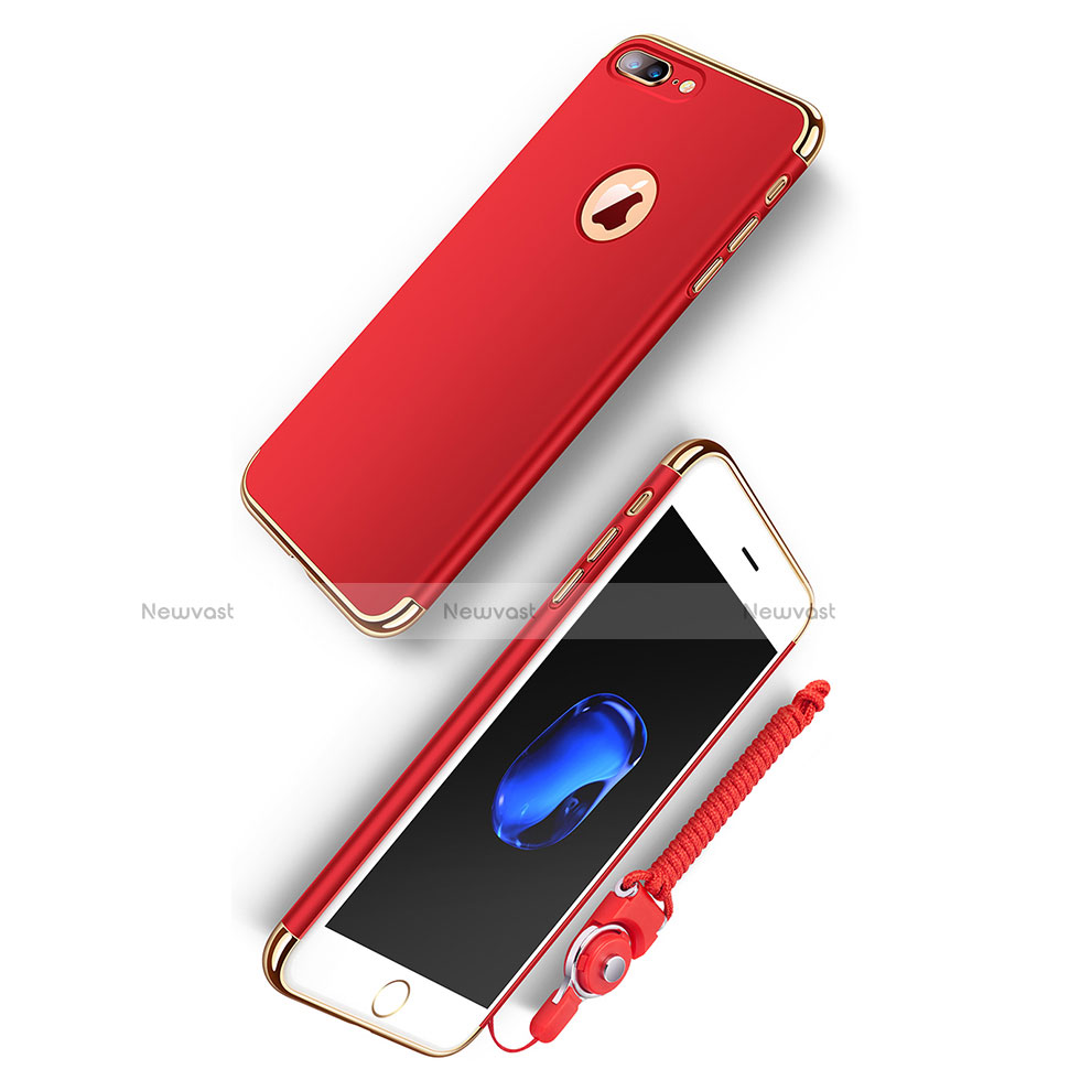 Luxury Metal Frame and Plastic Back Cover with Finger Ring Stand and Lanyard for Apple iPhone 8 Plus