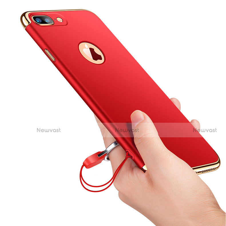 Luxury Metal Frame and Plastic Back Cover with Finger Ring Stand and Lanyard for Apple iPhone 8 Plus