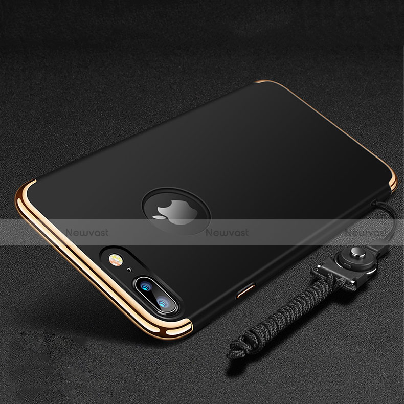 Luxury Metal Frame and Plastic Back Cover with Finger Ring Stand and Lanyard for Apple iPhone 8 Plus Black