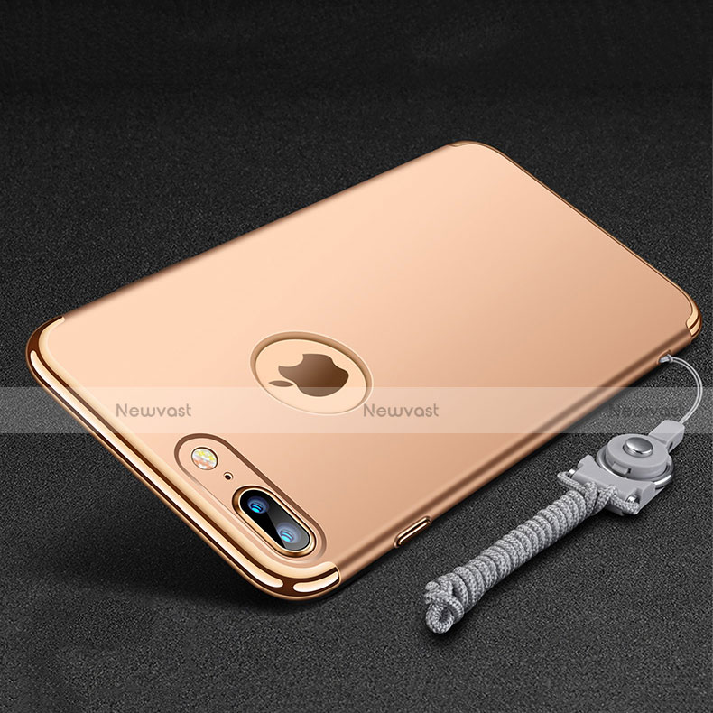Luxury Metal Frame and Plastic Back Cover with Finger Ring Stand and Lanyard for Apple iPhone 8 Plus Gold