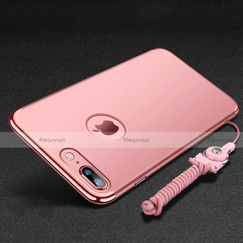 Luxury Metal Frame and Plastic Back Cover with Finger Ring Stand and Lanyard for Apple iPhone 8 Plus Rose Gold