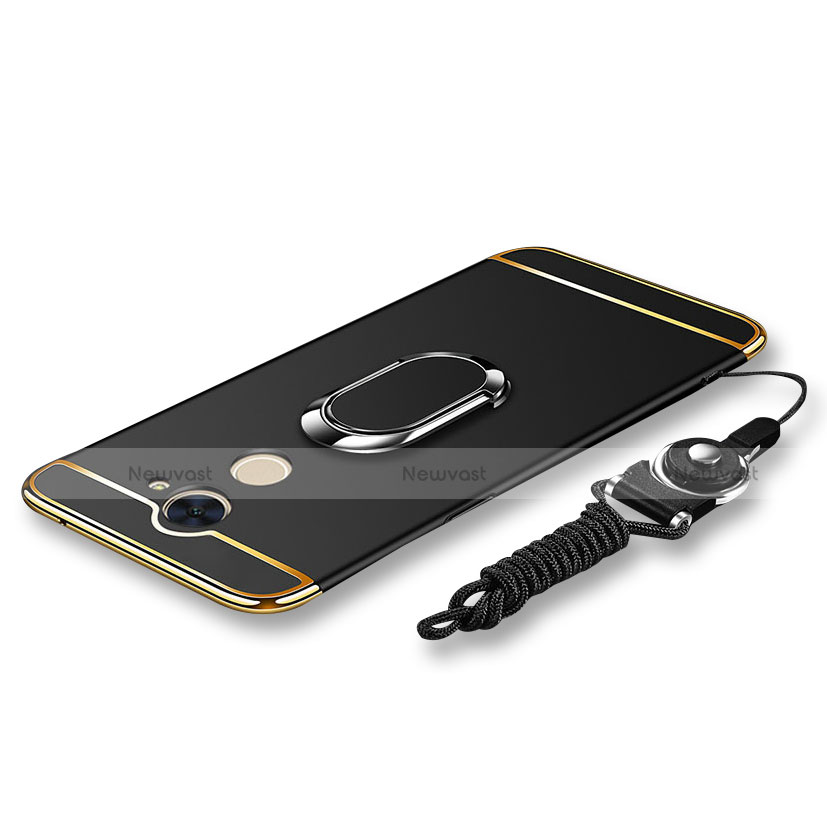 Luxury Metal Frame and Plastic Back Cover with Finger Ring Stand and Lanyard for Huawei Enjoy 7 Plus Black