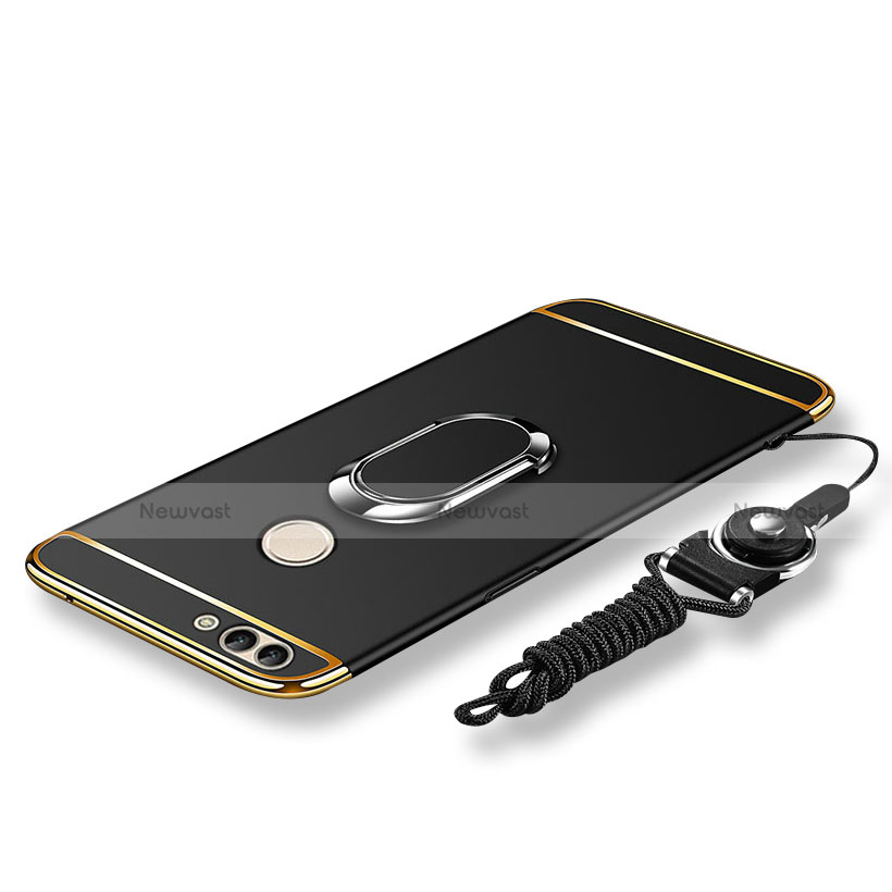 Luxury Metal Frame and Plastic Back Cover with Finger Ring Stand and Lanyard for Huawei Enjoy 7S Black