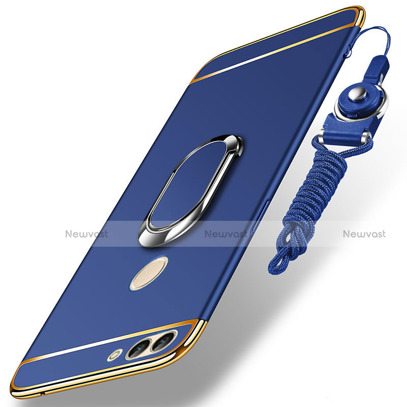 Luxury Metal Frame and Plastic Back Cover with Finger Ring Stand and Lanyard for Huawei Enjoy 8 Plus