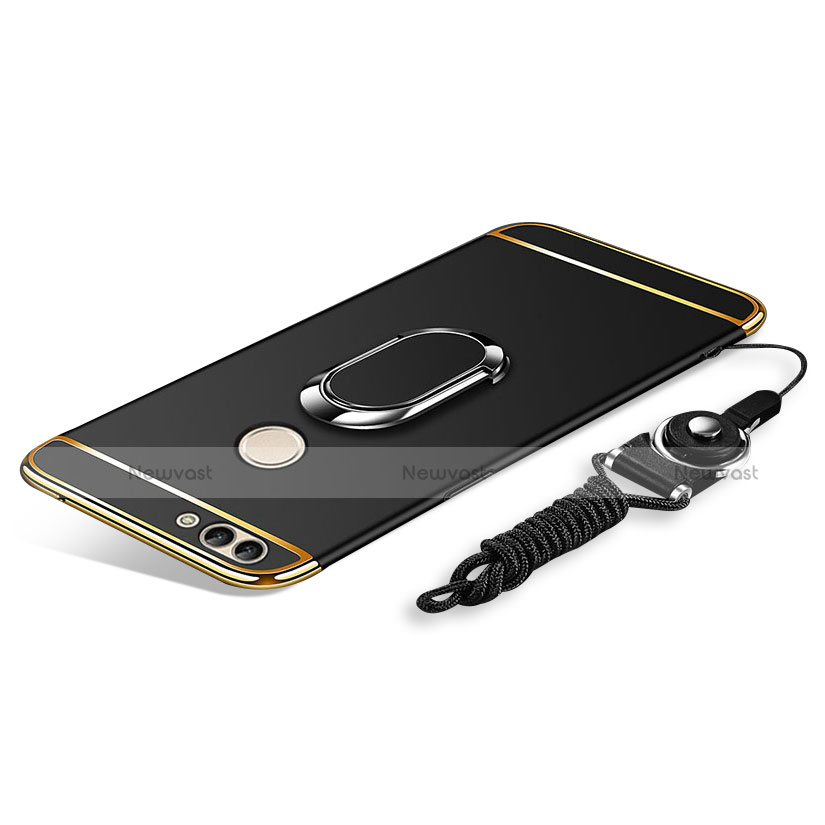 Luxury Metal Frame and Plastic Back Cover with Finger Ring Stand and Lanyard for Huawei Enjoy 8 Plus Black