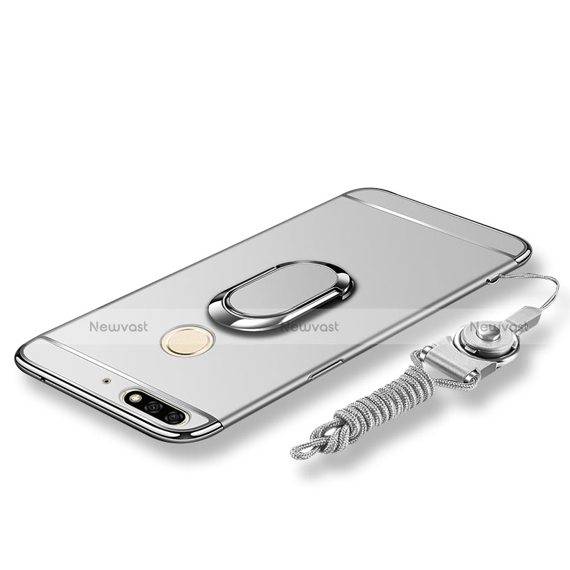 Luxury Metal Frame and Plastic Back Cover with Finger Ring Stand and Lanyard for Huawei Enjoy 8 Silver