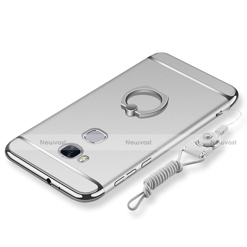 Luxury Metal Frame and Plastic Back Cover with Finger Ring Stand and Lanyard for Huawei GR5 Silver