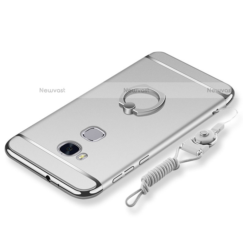 Luxury Metal Frame and Plastic Back Cover with Finger Ring Stand and Lanyard for Huawei Honor 5X Silver