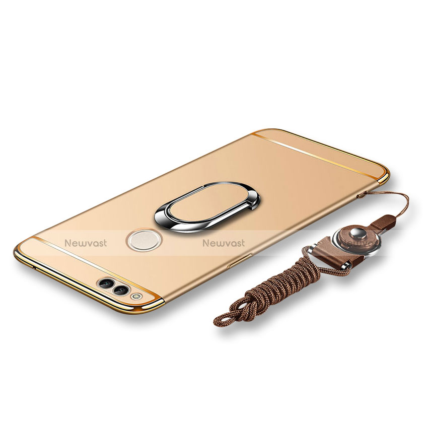 Luxury Metal Frame and Plastic Back Cover with Finger Ring Stand and Lanyard for Huawei Honor 7X Gold
