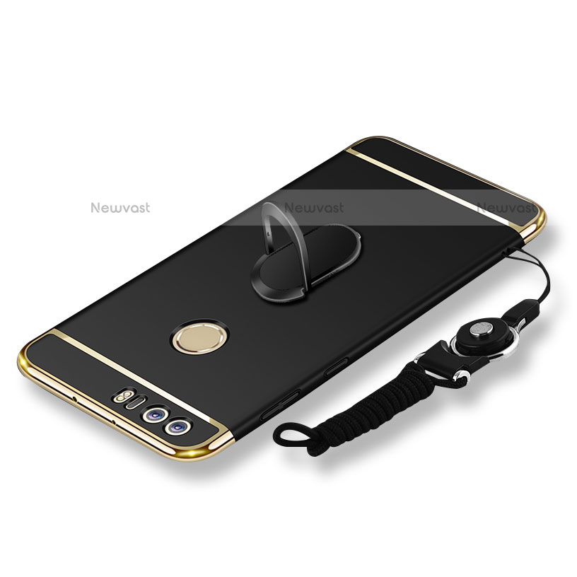 Luxury Metal Frame and Plastic Back Cover with Finger Ring Stand and Lanyard for Huawei Honor 8 Black