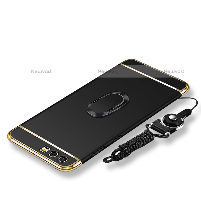 Luxury Metal Frame and Plastic Back Cover with Finger Ring Stand and Lanyard for Huawei Honor 9 Black