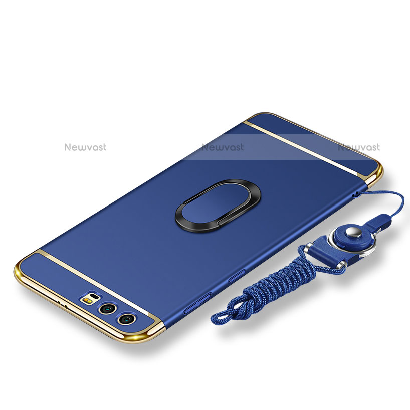 Luxury Metal Frame and Plastic Back Cover with Finger Ring Stand and Lanyard for Huawei Honor 9 Blue