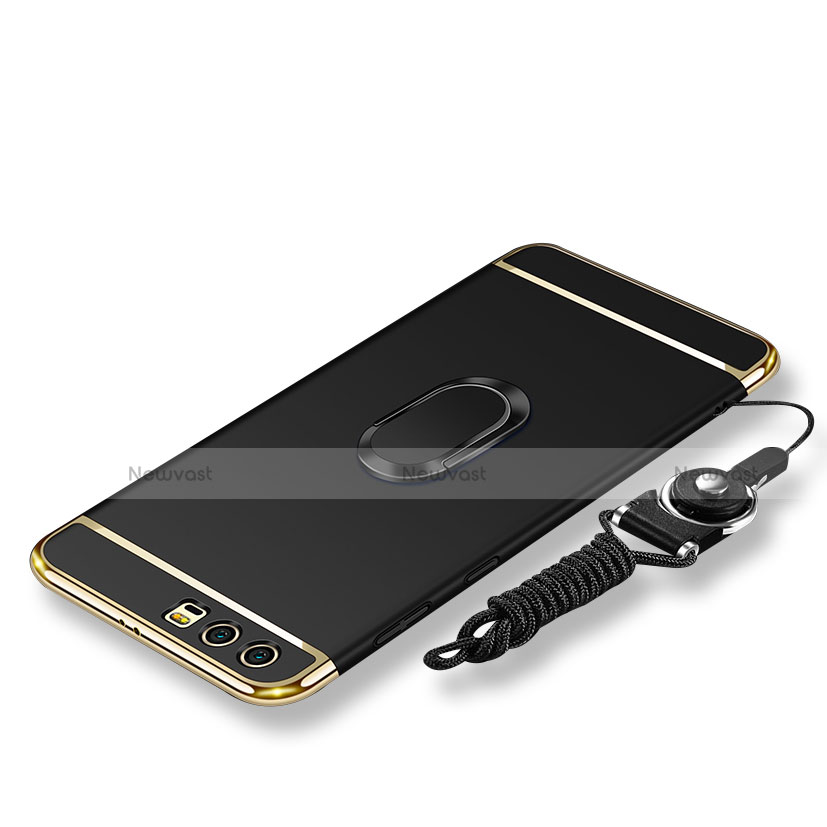 Luxury Metal Frame and Plastic Back Cover with Finger Ring Stand and Lanyard for Huawei Honor 9 Premium Black