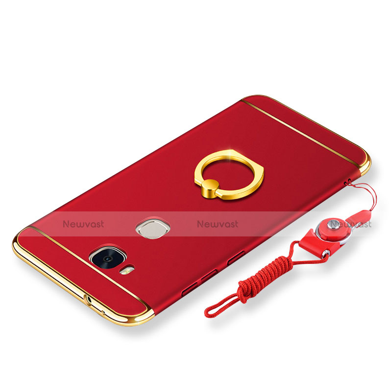 Luxury Metal Frame and Plastic Back Cover with Finger Ring Stand and Lanyard for Huawei Honor Play 5X Red