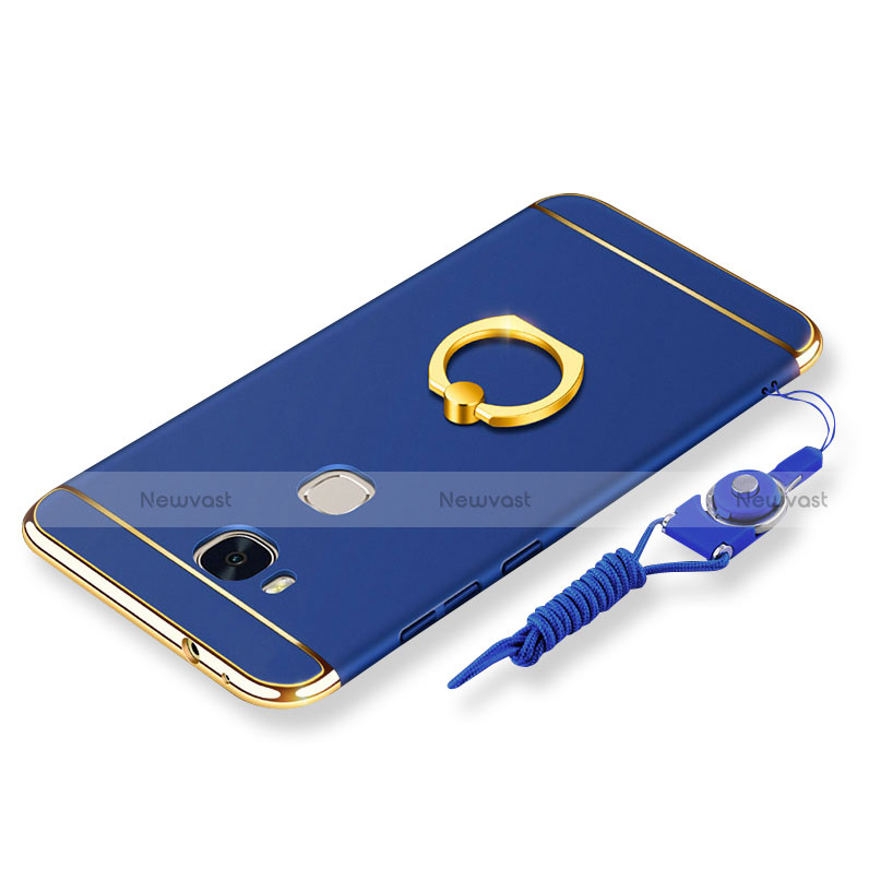 Luxury Metal Frame and Plastic Back Cover with Finger Ring Stand and Lanyard for Huawei Honor X5 Blue