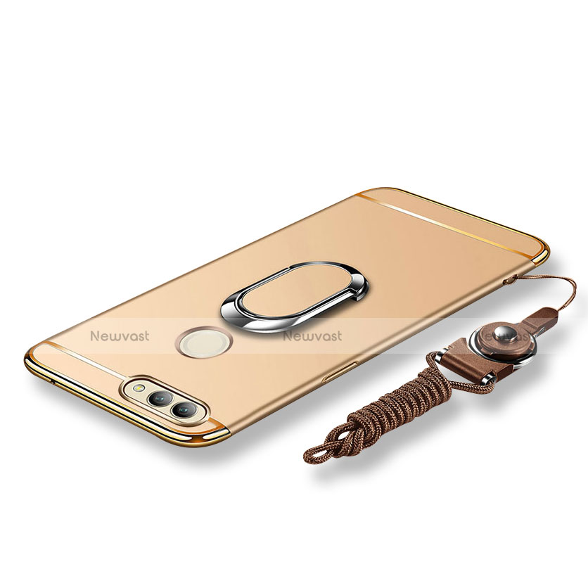 Luxury Metal Frame and Plastic Back Cover with Finger Ring Stand and Lanyard for Huawei Nova 2 Gold