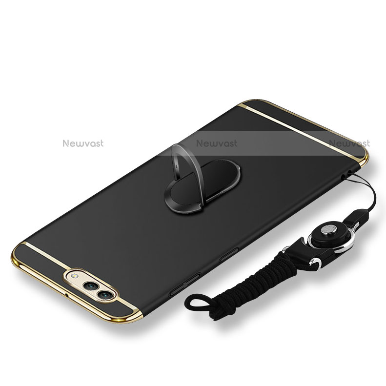 Luxury Metal Frame and Plastic Back Cover with Finger Ring Stand and Lanyard for Huawei Nova 2S Black