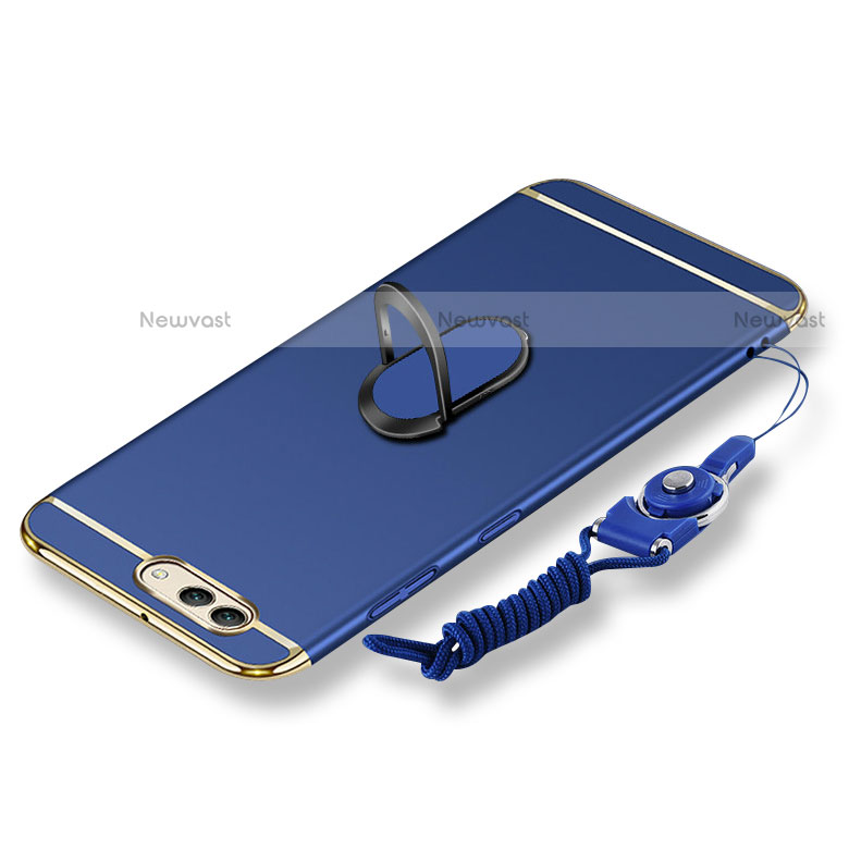 Luxury Metal Frame and Plastic Back Cover with Finger Ring Stand and Lanyard for Huawei Nova 2S Blue