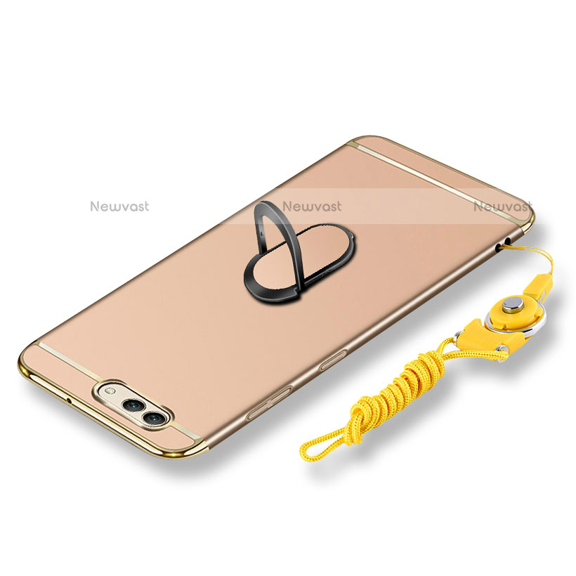 Luxury Metal Frame and Plastic Back Cover with Finger Ring Stand and Lanyard for Huawei Nova 2S Gold