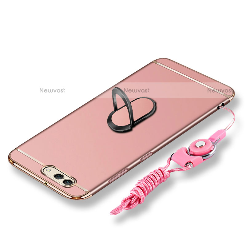 Luxury Metal Frame and Plastic Back Cover with Finger Ring Stand and Lanyard for Huawei Nova 2S Rose Gold