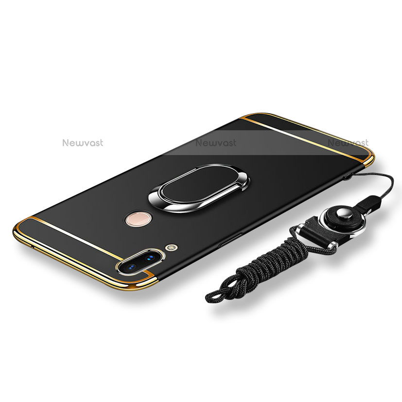Luxury Metal Frame and Plastic Back Cover with Finger Ring Stand and Lanyard for Huawei Nova 3e Black