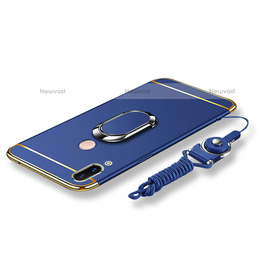 Luxury Metal Frame and Plastic Back Cover with Finger Ring Stand and Lanyard for Huawei Nova 3e Blue