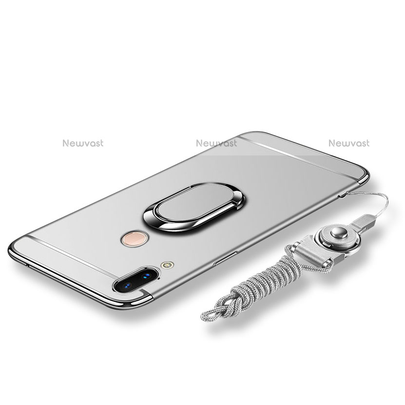 Luxury Metal Frame and Plastic Back Cover with Finger Ring Stand and Lanyard for Huawei Nova 3e Silver