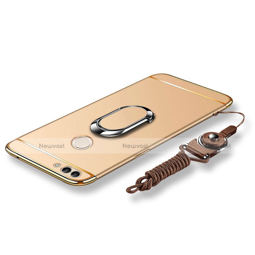 Luxury Metal Frame and Plastic Back Cover with Finger Ring Stand and Lanyard for Huawei P Smart Gold