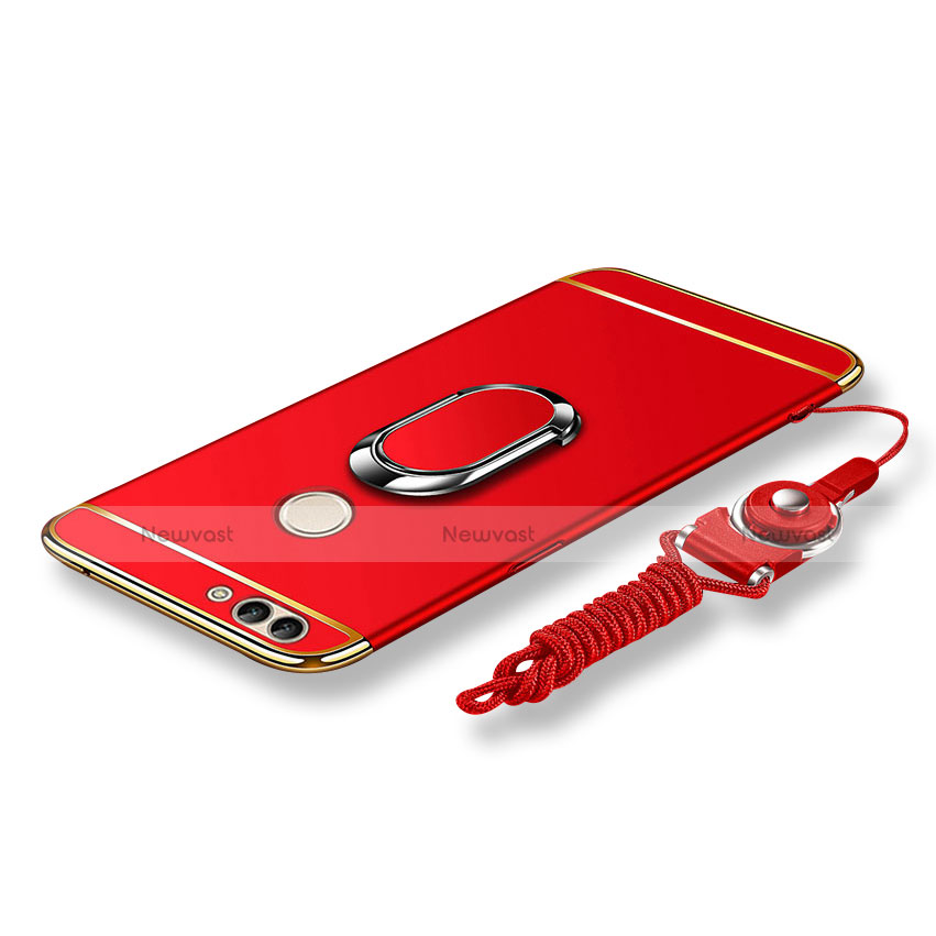 Luxury Metal Frame and Plastic Back Cover with Finger Ring Stand and Lanyard for Huawei P Smart Red
