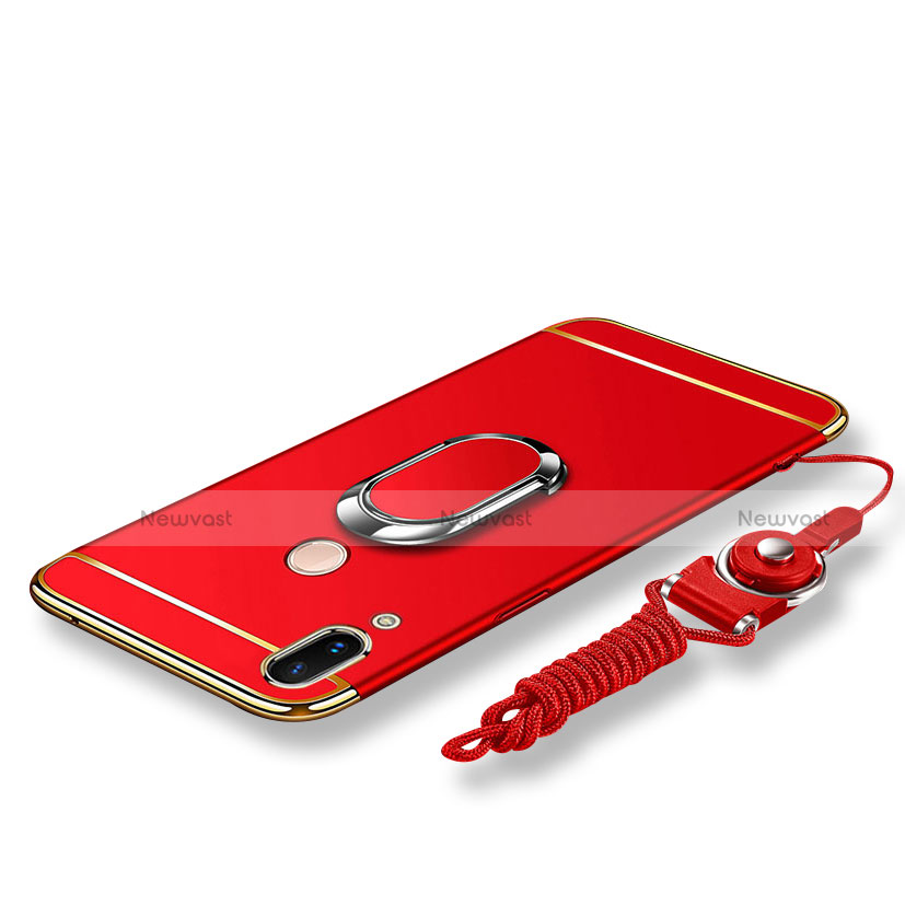 Luxury Metal Frame and Plastic Back Cover with Finger Ring Stand and Lanyard for Huawei P20 Lite Red