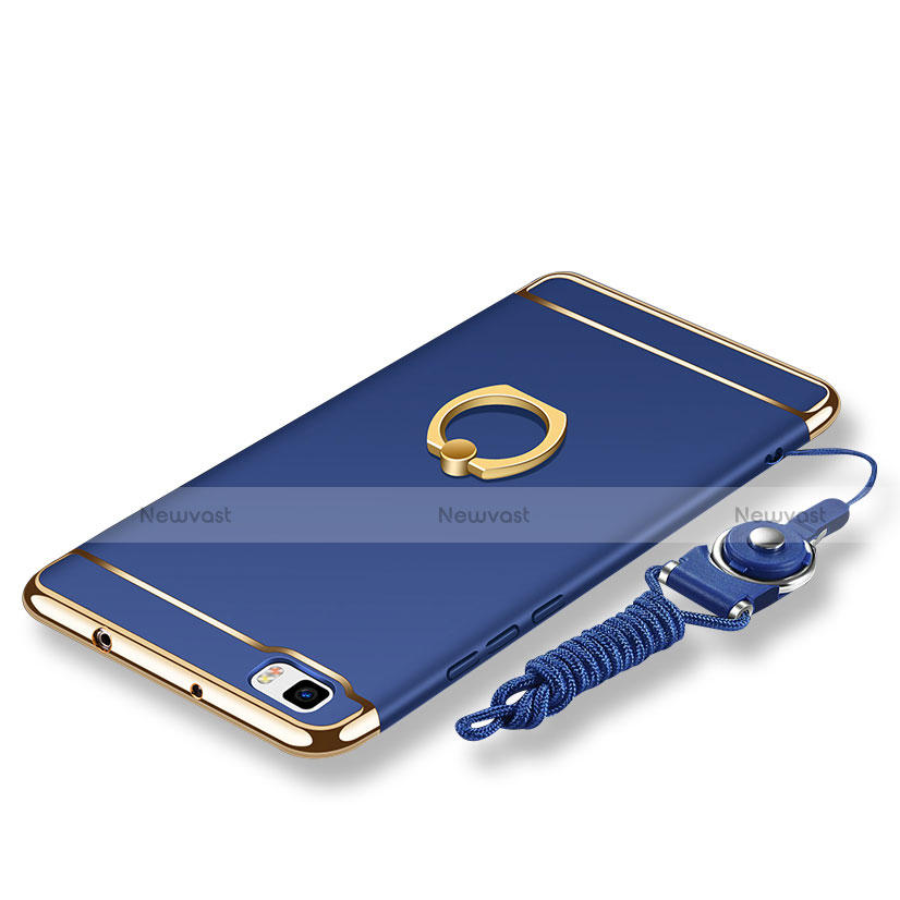 Luxury Metal Frame and Plastic Back Cover with Finger Ring Stand and Lanyard for Huawei P8 Lite Blue