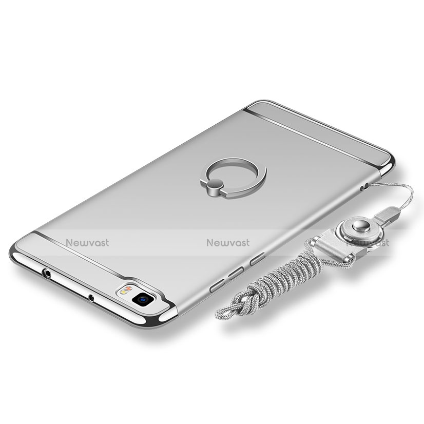 Luxury Metal Frame and Plastic Back Cover with Finger Ring Stand and Lanyard for Huawei P8 Lite Silver