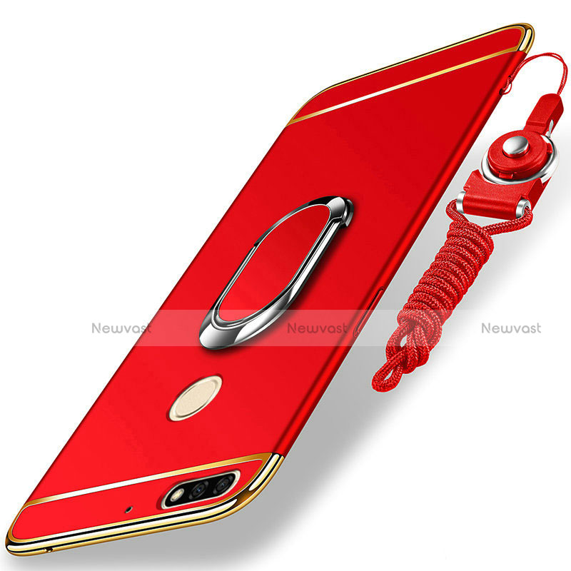 Luxury Metal Frame and Plastic Back Cover with Finger Ring Stand and Lanyard for Huawei Y7 (2018)