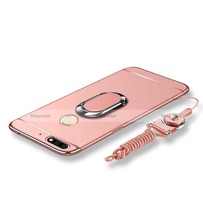 Luxury Metal Frame and Plastic Back Cover with Finger Ring Stand and Lanyard for Huawei Y7 (2018) Rose Gold