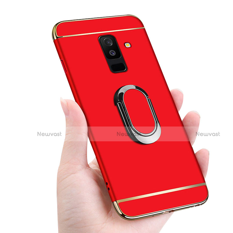Luxury Metal Frame and Plastic Back Cover with Finger Ring Stand and Lanyard for Samsung Galaxy A6 Plus