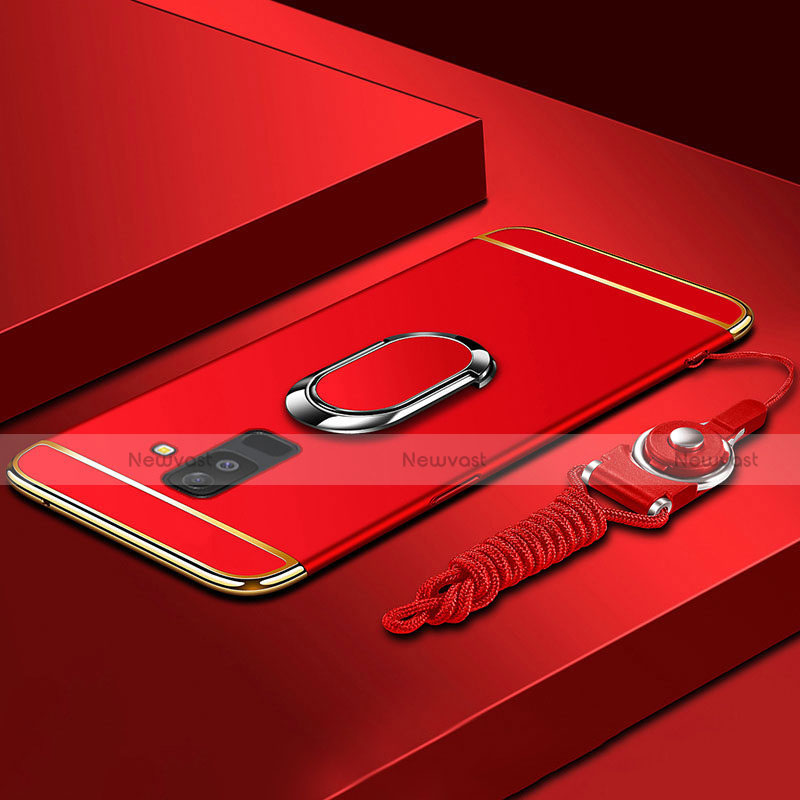 Luxury Metal Frame and Plastic Back Cover with Finger Ring Stand and Lanyard for Samsung Galaxy A6 Plus Red