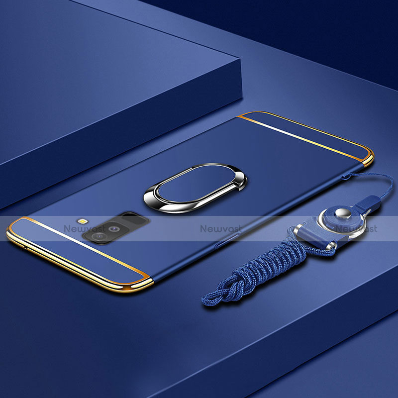 Luxury Metal Frame and Plastic Back Cover with Finger Ring Stand and Lanyard for Samsung Galaxy A9 Star Lite Blue