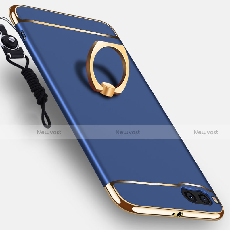 Luxury Metal Frame and Plastic Back Cover with Finger Ring Stand and Lanyard for Xiaomi Mi Note 3 Blue
