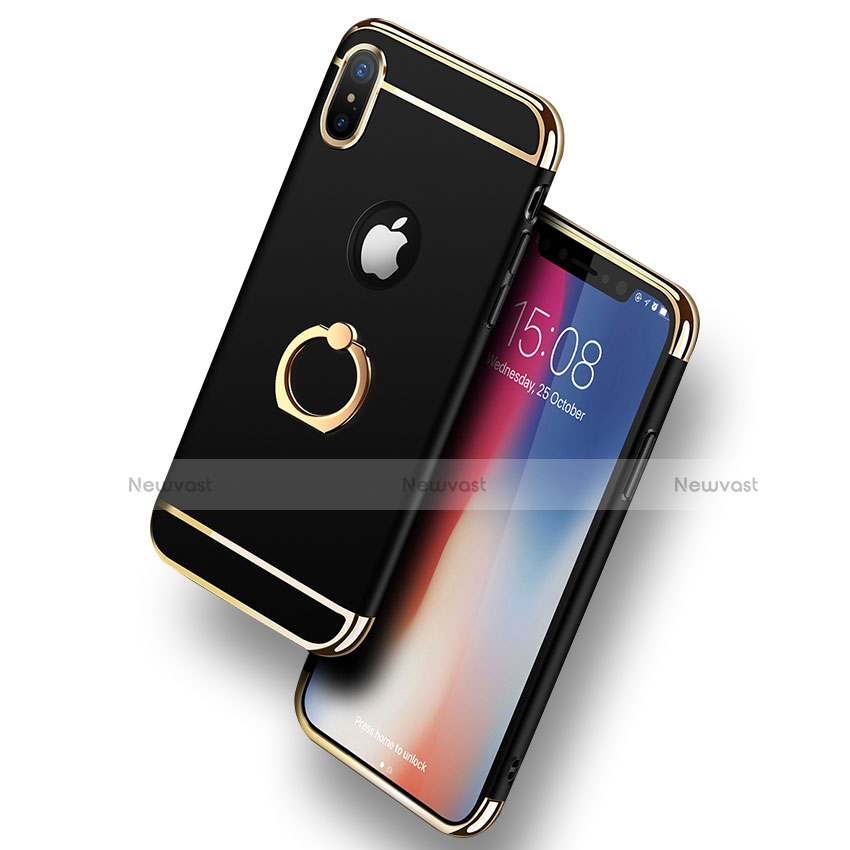 Luxury Metal Frame and Plastic Back Cover with Finger Ring Stand F02 for Apple iPhone X Black