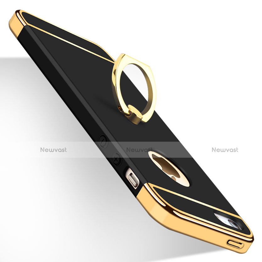 Luxury Metal Frame and Plastic Back Cover with Finger Ring Stand for Apple iPhone 5S Black